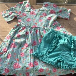 Ruffle Butts Floral Dress and Shorts Set - Pink and Blue